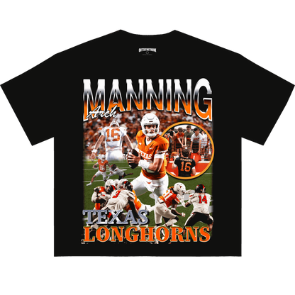 Arch Manning Texas Longhorns graphic tee featuring bold images of the quarterback in action, perfect for football fans.