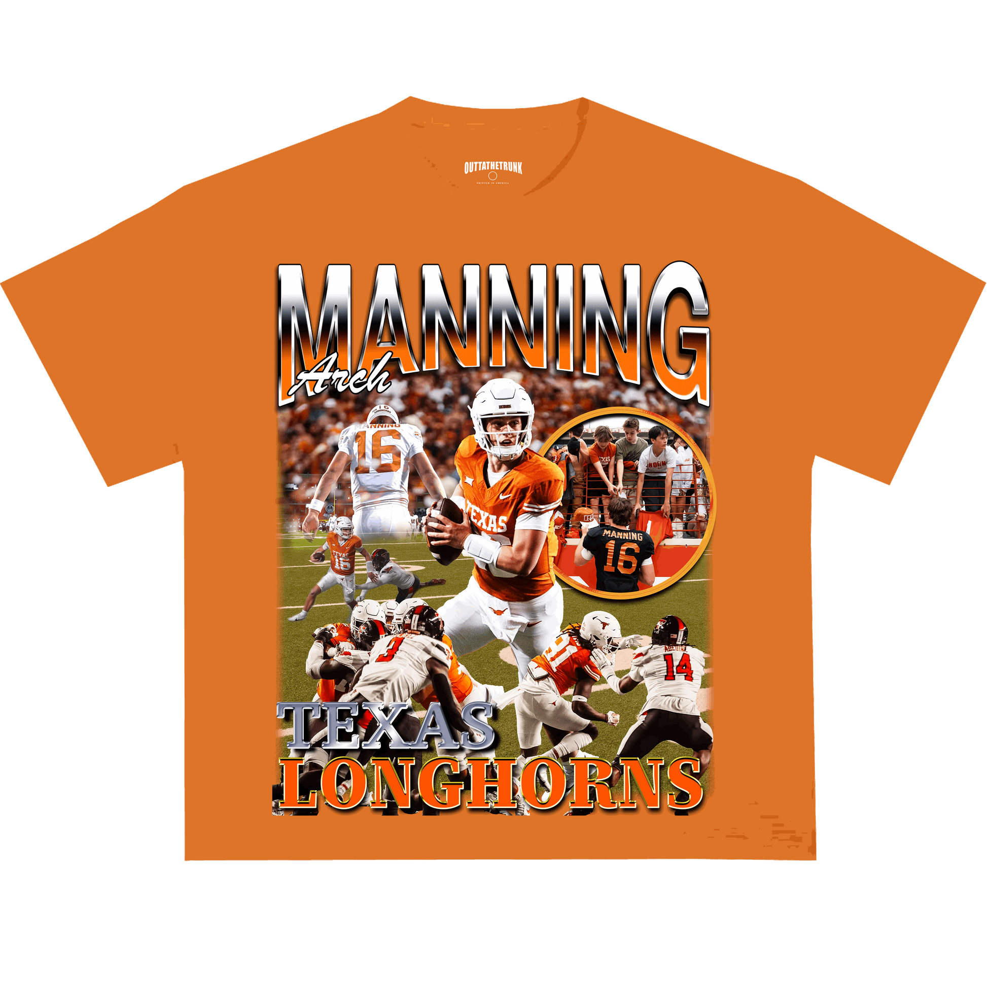 Arch Manning Texas Longhorns graphic tee featuring bold images of the quarterback in action, perfect for football fans.