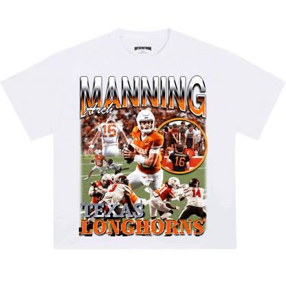 Arch Manning Texas Longhorns graphic tee featuring bold images of the quarterback in action, perfect for football fans.