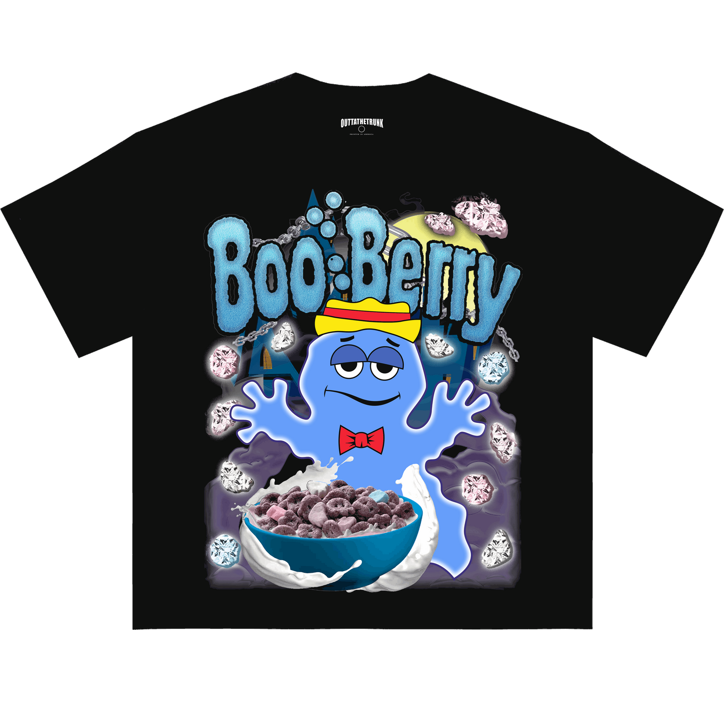 Boo Berry graphic tee from OUTTATHETRUNK featuring a bold design of the iconic cereal mascot and chocolatey elements.