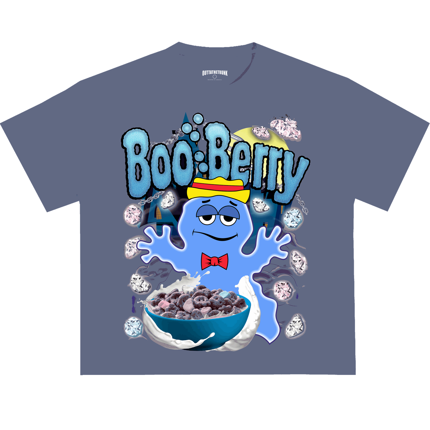 Boo Berry graphic tee from OUTTATHETRUNK featuring a bold design of the iconic cereal mascot and chocolatey elements.