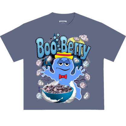 Boo Berry graphic tee from OUTTATHETRUNK featuring a bold design of the iconic cereal mascot and chocolatey elements.