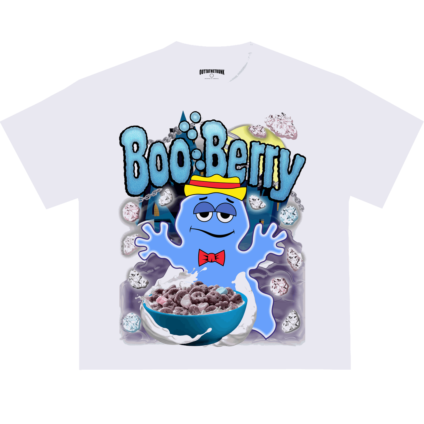 Boo Berry graphic tee from OUTTATHETRUNK featuring a bold design of the iconic cereal mascot and chocolatey elements.