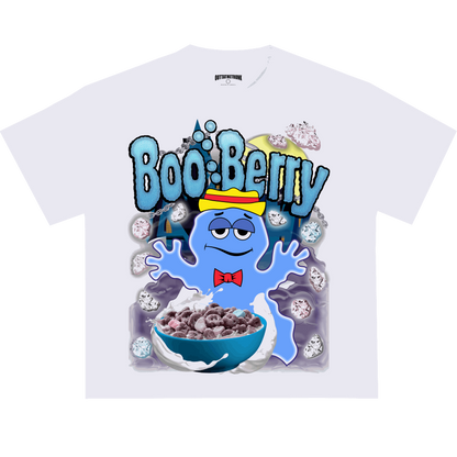 Boo Berry graphic tee from OUTTATHETRUNK featuring a bold design of the iconic cereal mascot and chocolatey elements.