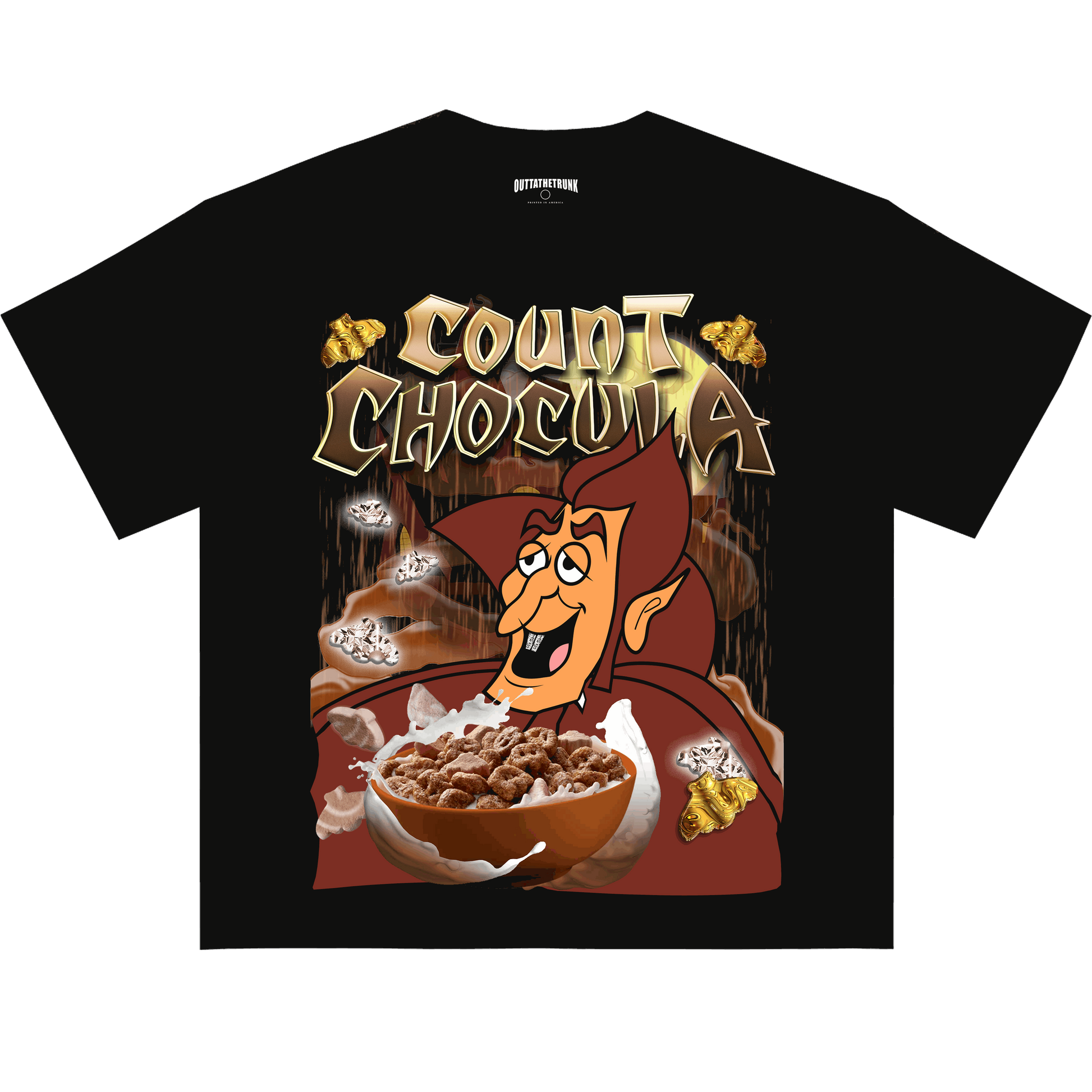 Count Chocula graphic tee from OUTTATHETRUNK featuring a bold design of the iconic cereal mascot and chocolatey elements.