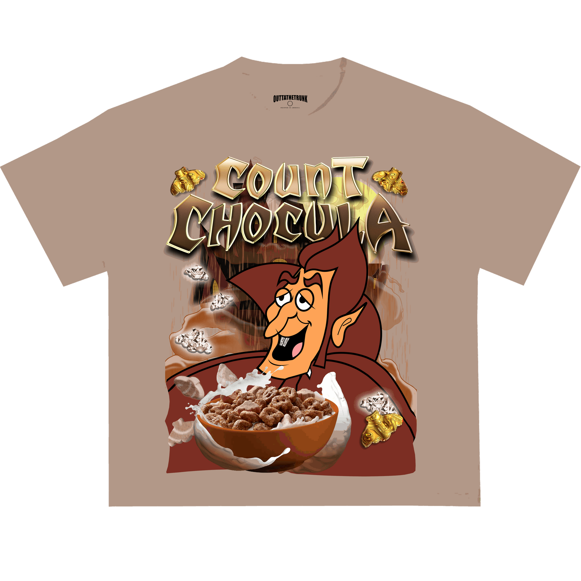 Count Chocula graphic tee from OUTTATHETRUNK featuring a bold design of the iconic cereal mascot and chocolatey elements.