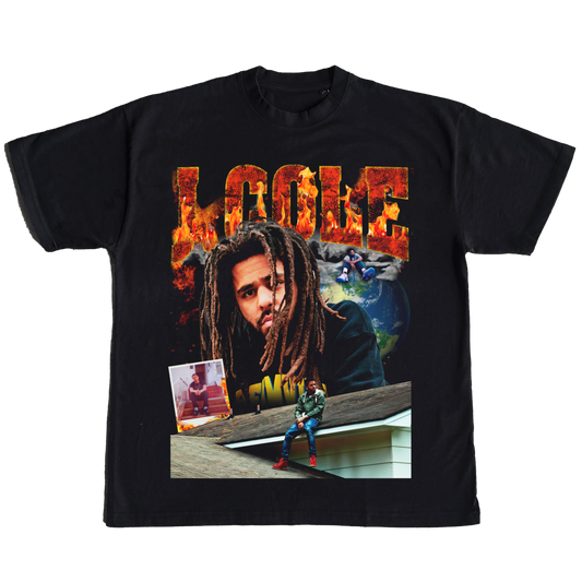 Black J. Cole t-shirt in the style of vintage rap tees with J. Cole flame text