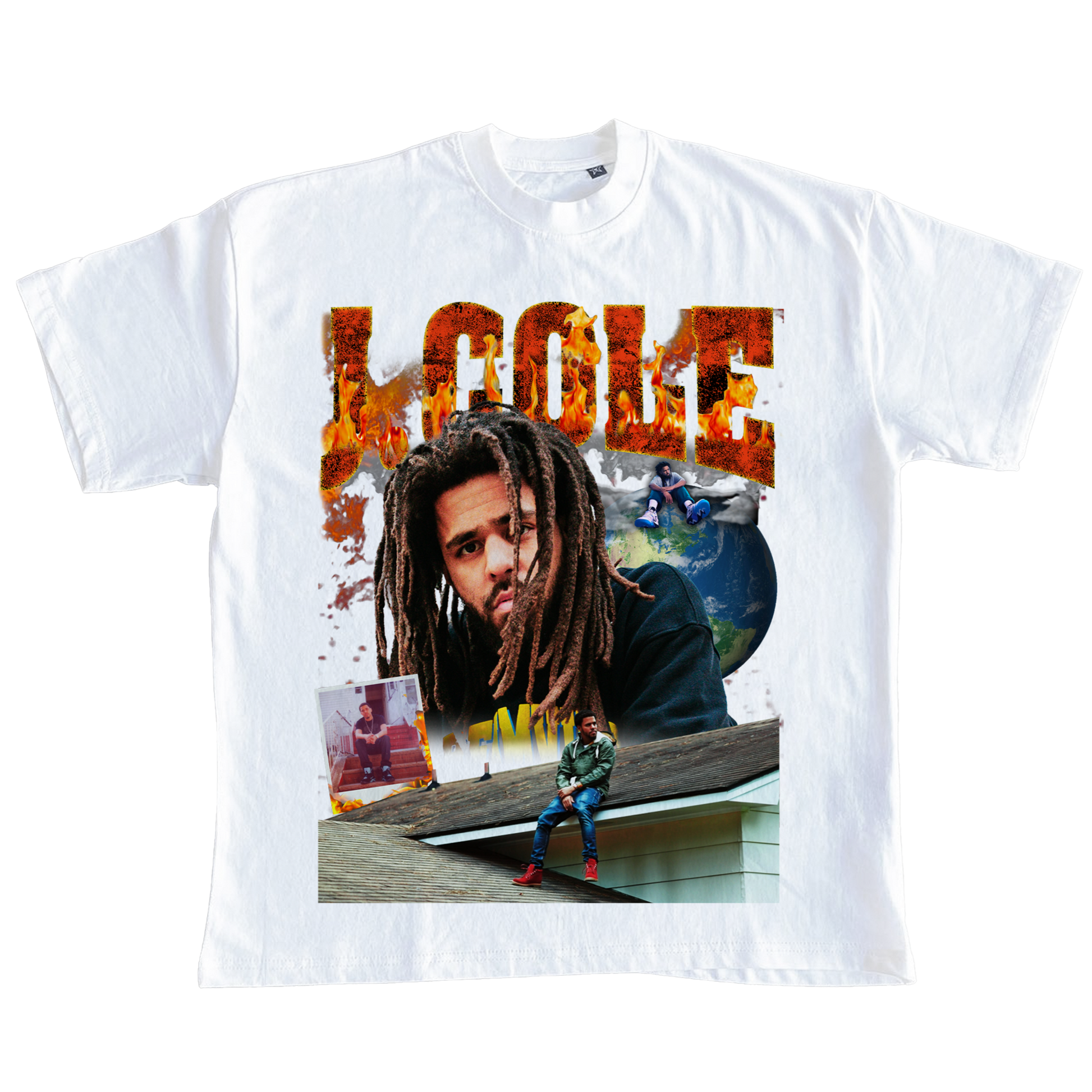 White J. Cole t-shirt in the style of vintage rap tees with J. Cole flame text