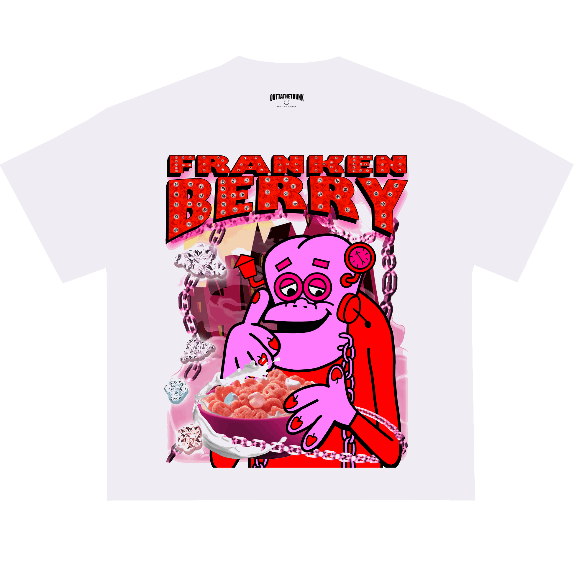 Frankenberry graphic tee from OUTTATHETRUNK featuring a bold design of the iconic cereal mascot and chocolatey elements.