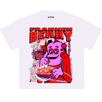 Frankenberry graphic tee from OUTTATHETRUNK featuring a bold design of the iconic cereal mascot and chocolatey elements.