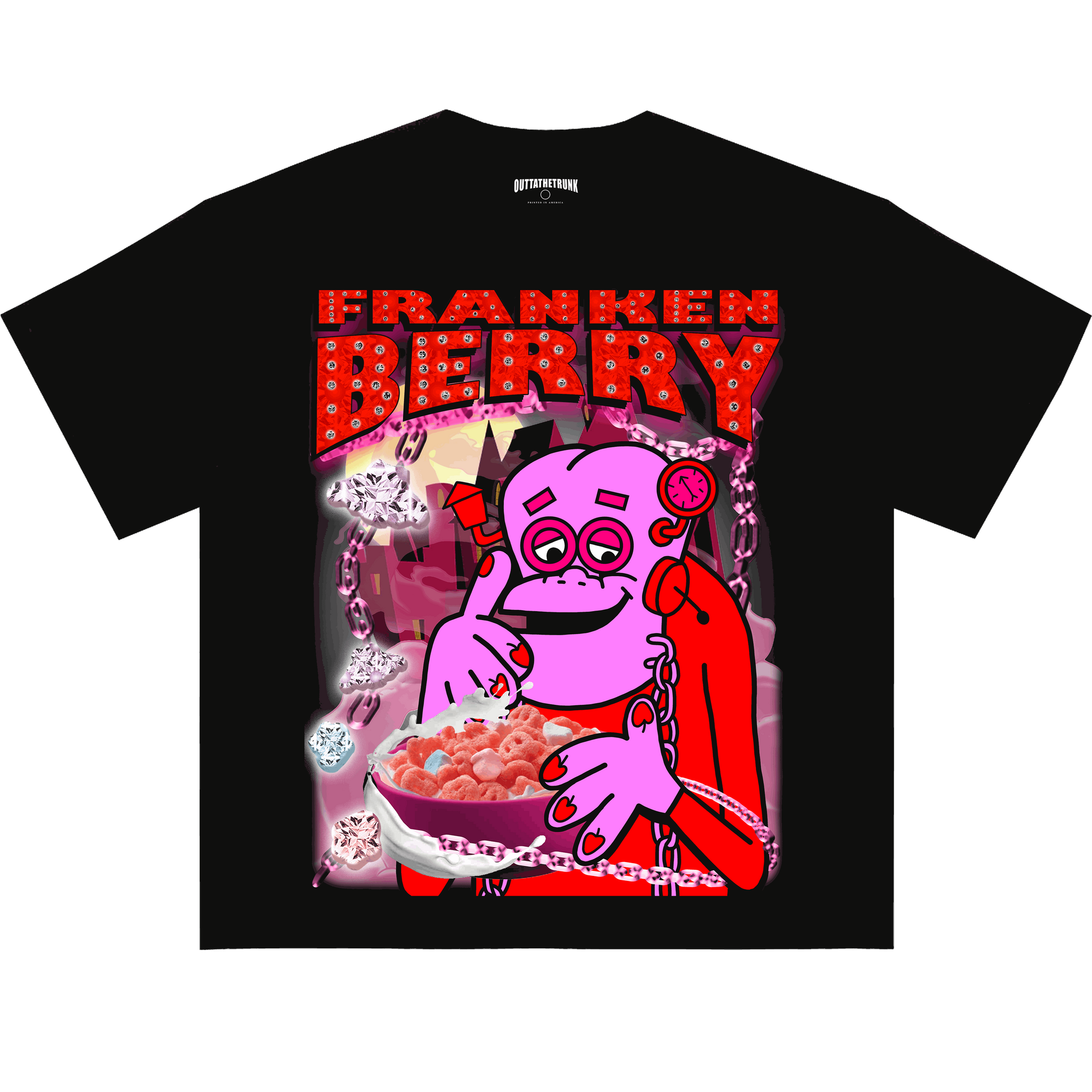 Frankenberry graphic tee from OUTTATHETRUNK featuring a bold design of the iconic cereal mascot and chocolatey elements.