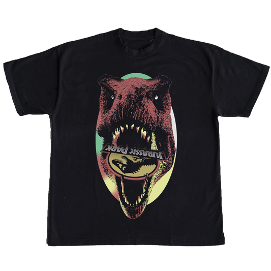 Jurassic Park Bootleg Rap Tee - A hip hop-inspired t-shirt featuring the iconic Jurassic Park theme. Perfect for fans of the movie and rap enthusiasts.