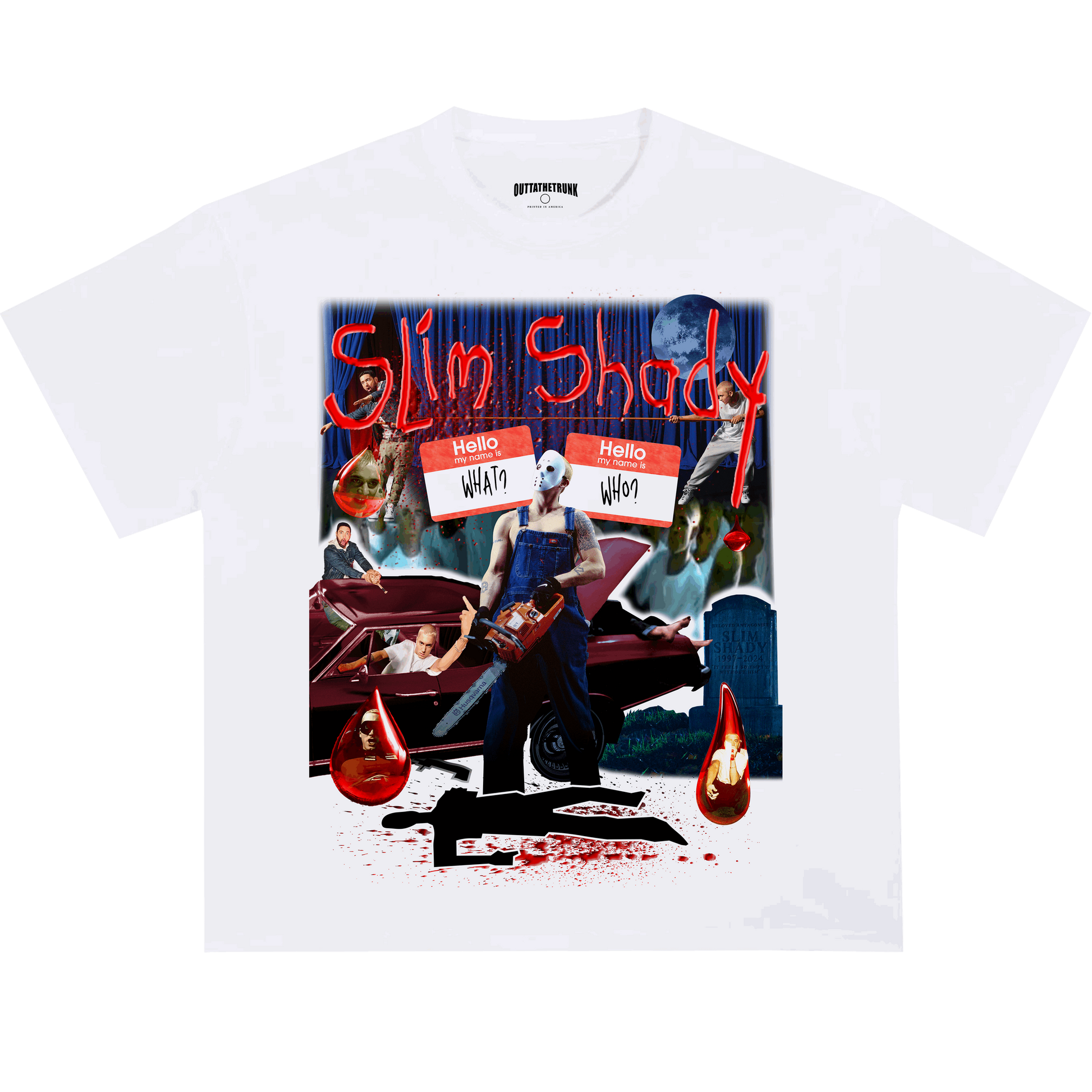 Slim Shady graphic tee from OUTTATHETRUNK featuring a bold design inspired by Eminem’s alter ego. | White