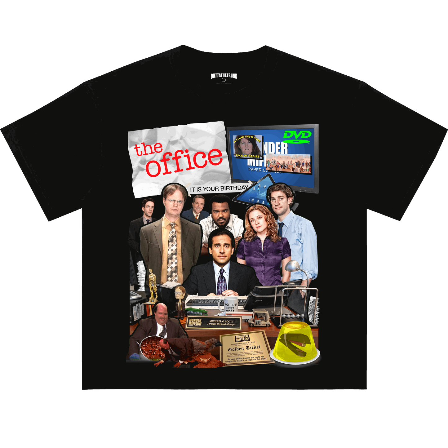 The Office graphic tee from OUTTATHETRUNK featuring a collage of iconic characters and moments from the hit sitcom.