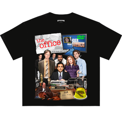 The Office graphic tee from OUTTATHETRUNK featuring a collage of iconic characters and moments from the hit sitcom.