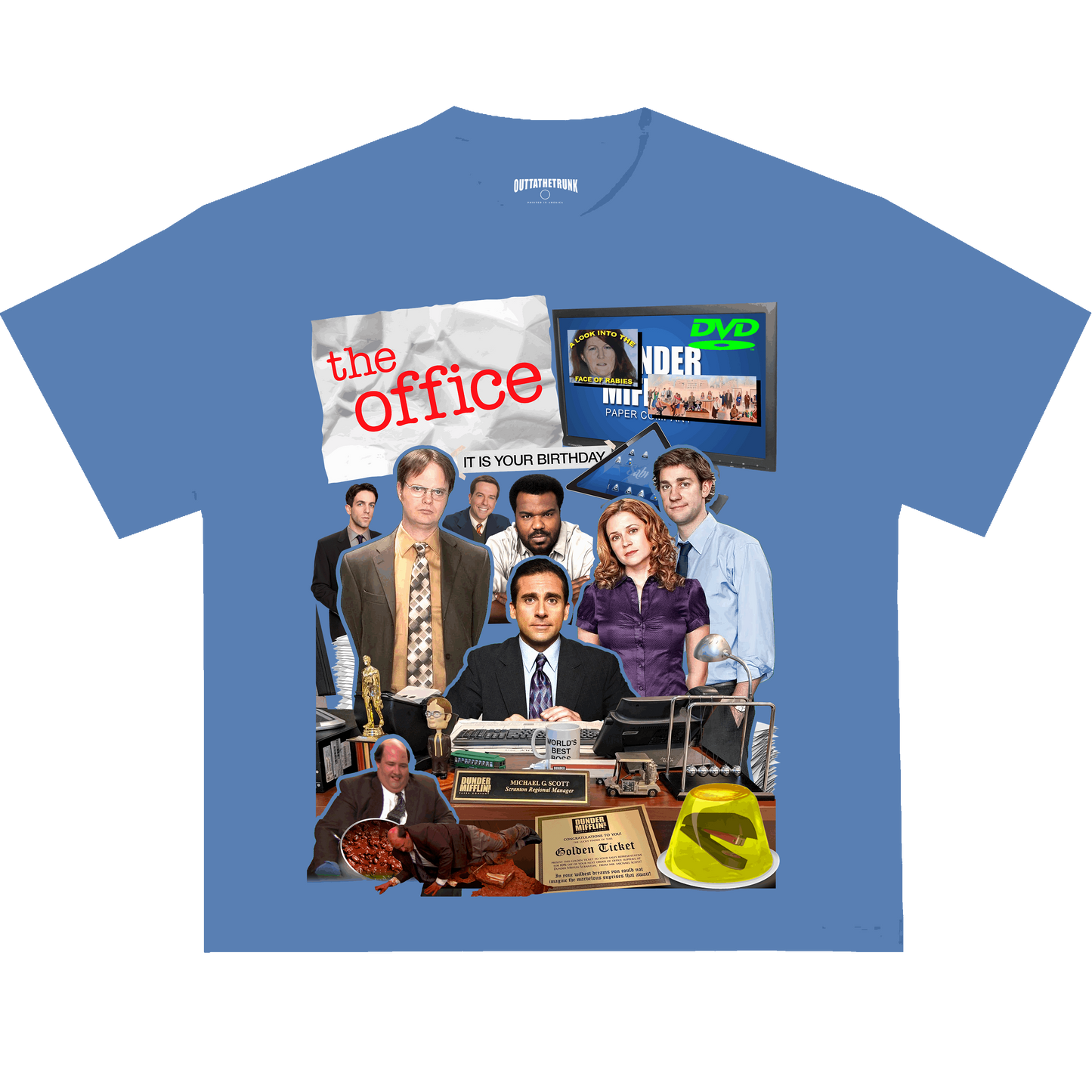 The Office graphic tee from OUTTATHETRUNK featuring a collage of iconic characters and moments from the hit sitcom.