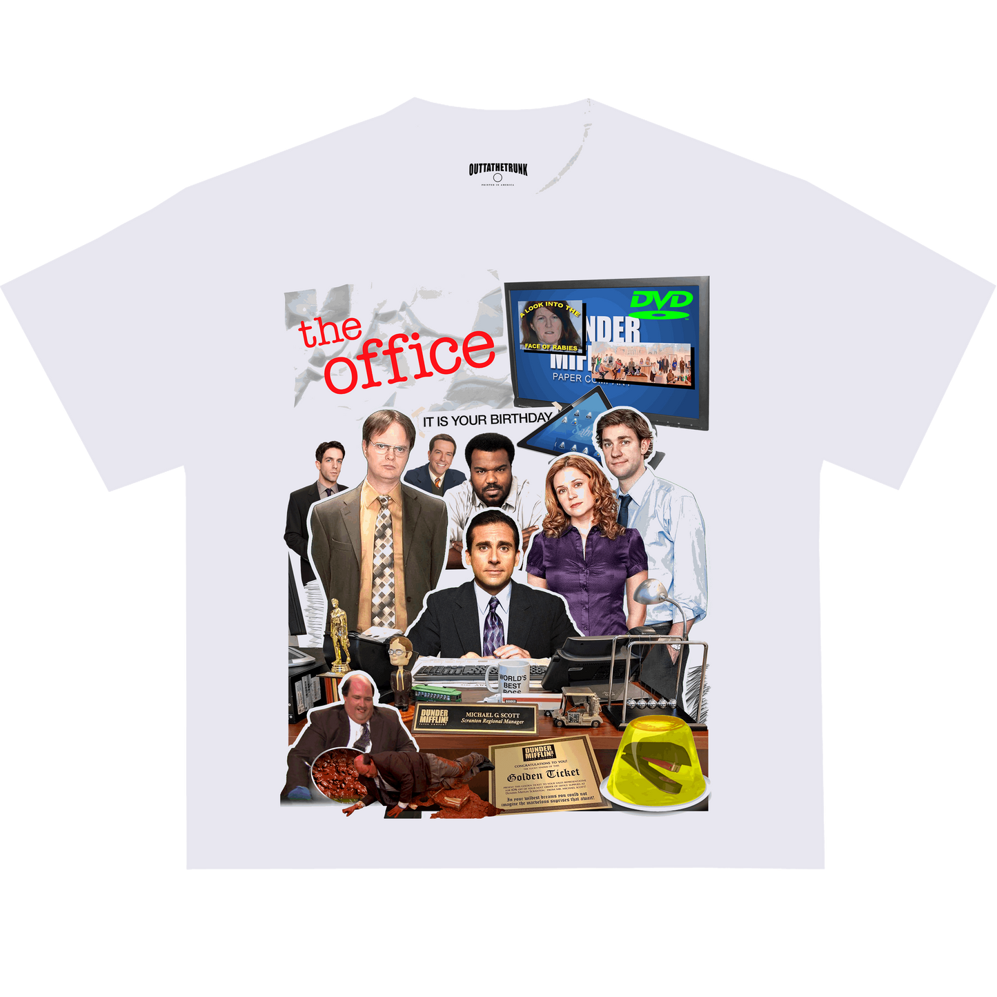 The Office graphic tee from OUTTATHETRUNK featuring a collage of iconic characters and moments from the hit sitcom.