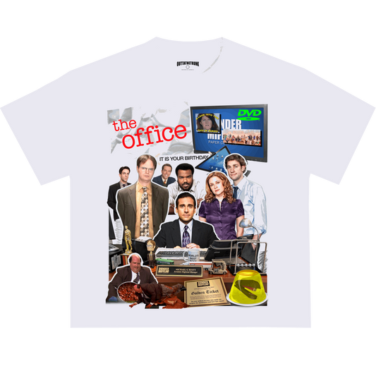 The Office graphic tee from OUTTATHETRUNK featuring a collage of iconic characters and moments from the hit sitcom.