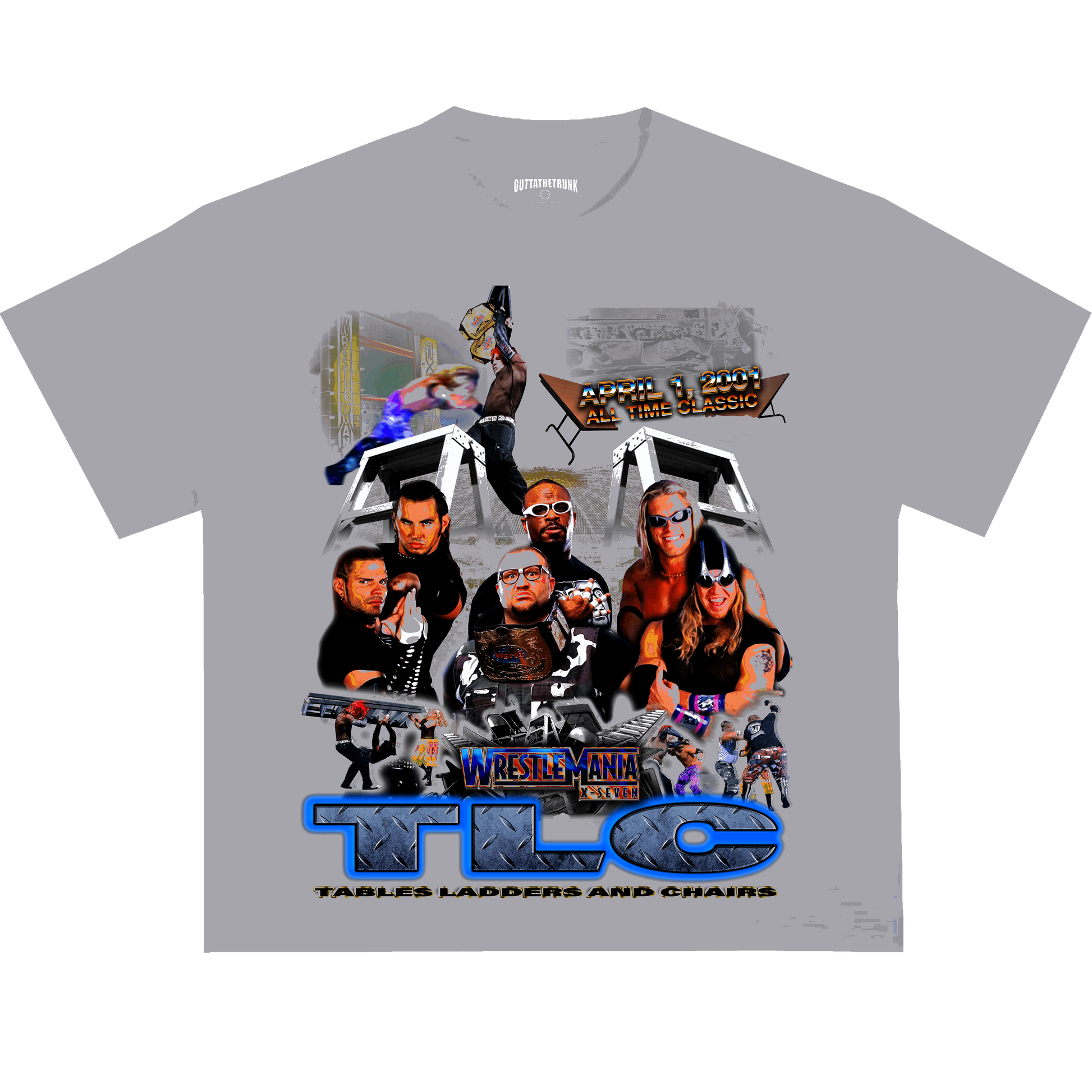 TLC WrestleMania 17 graphic tee from OUTTATHETRUNK featuring a collage of iconic WWE wrestlers and moments.