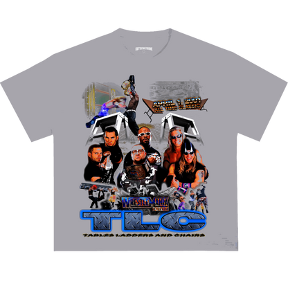 TLC WrestleMania 17 graphic tee from OUTTATHETRUNK featuring a collage of iconic WWE wrestlers and moments.