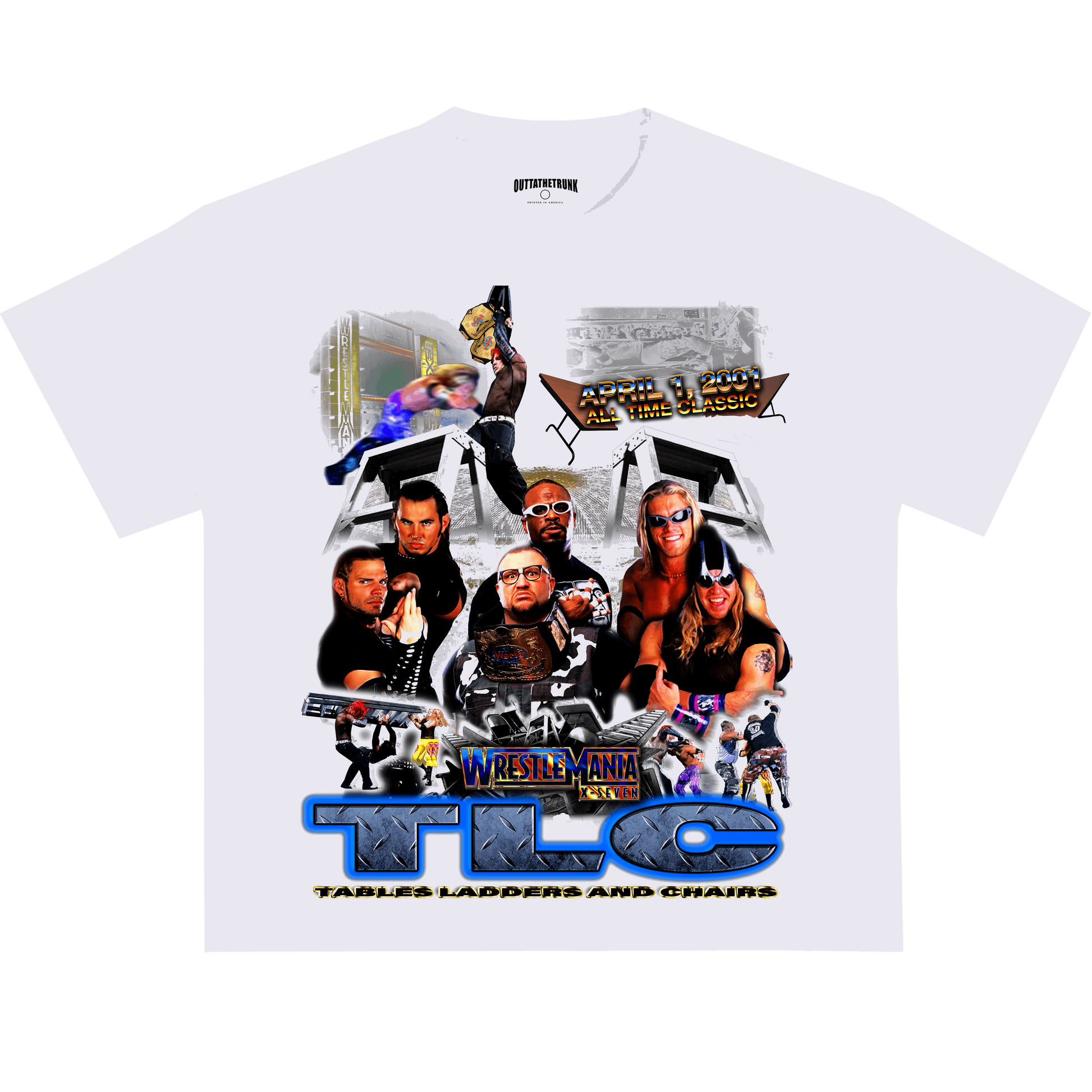 TLC WrestleMania 17 graphic tee from OUTTATHETRUNK featuring a collage of iconic WWE wrestlers and moments.