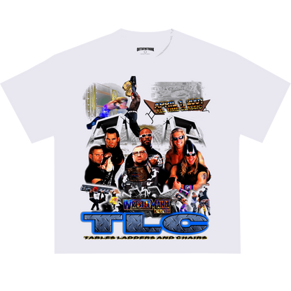 TLC WrestleMania 17 graphic tee from OUTTATHETRUNK featuring a collage of iconic WWE wrestlers and moments.